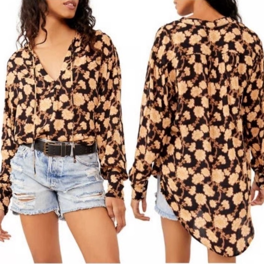 Free People Mia Floral Print Tie Neck Tunic